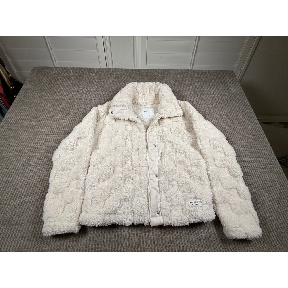 Abercrombie & Fitch Kids White Faux Fur Grid Textured Full Zip Jacket Mock Neck